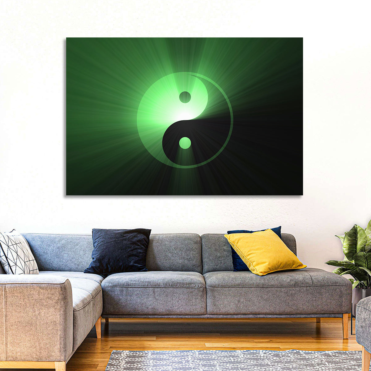 Green Glowing Yin Yang Wall Art in a room, landscape