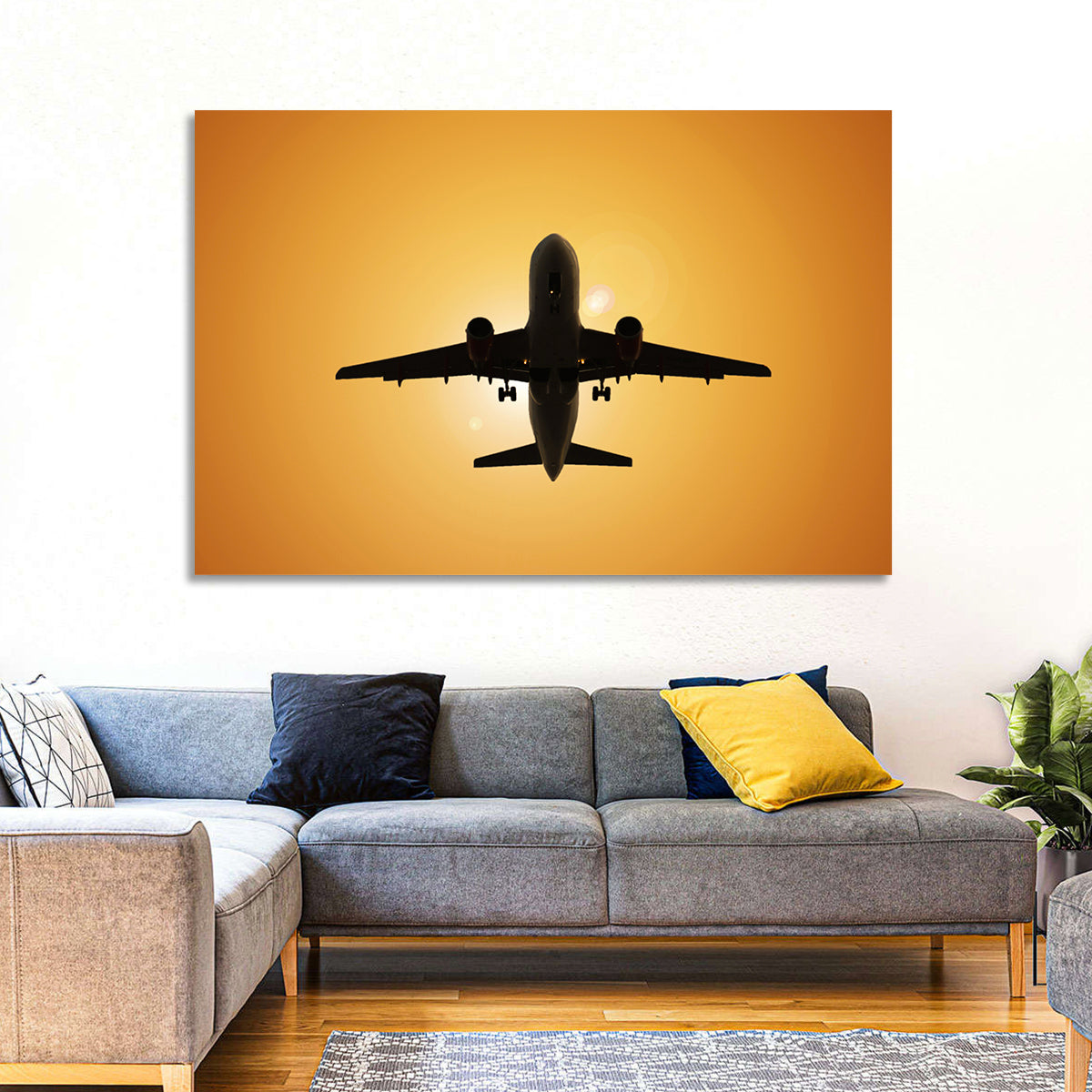 Sunset Jet Silhouette Wall Art in a room, landscape