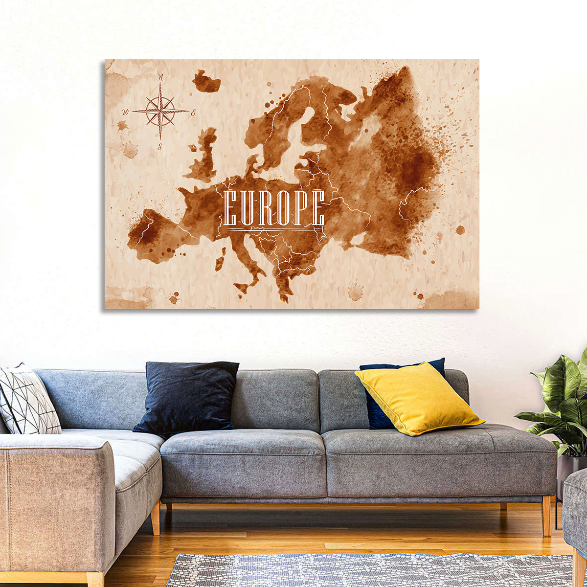 Retro Europe Map Wall Art in a room, landscape