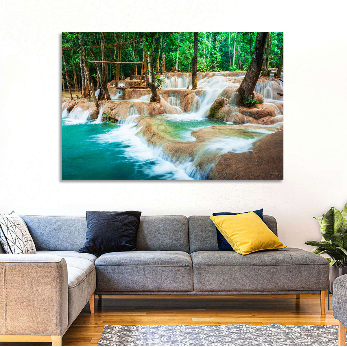 Kuang Si Waterfall Wall Art in a room, landscape