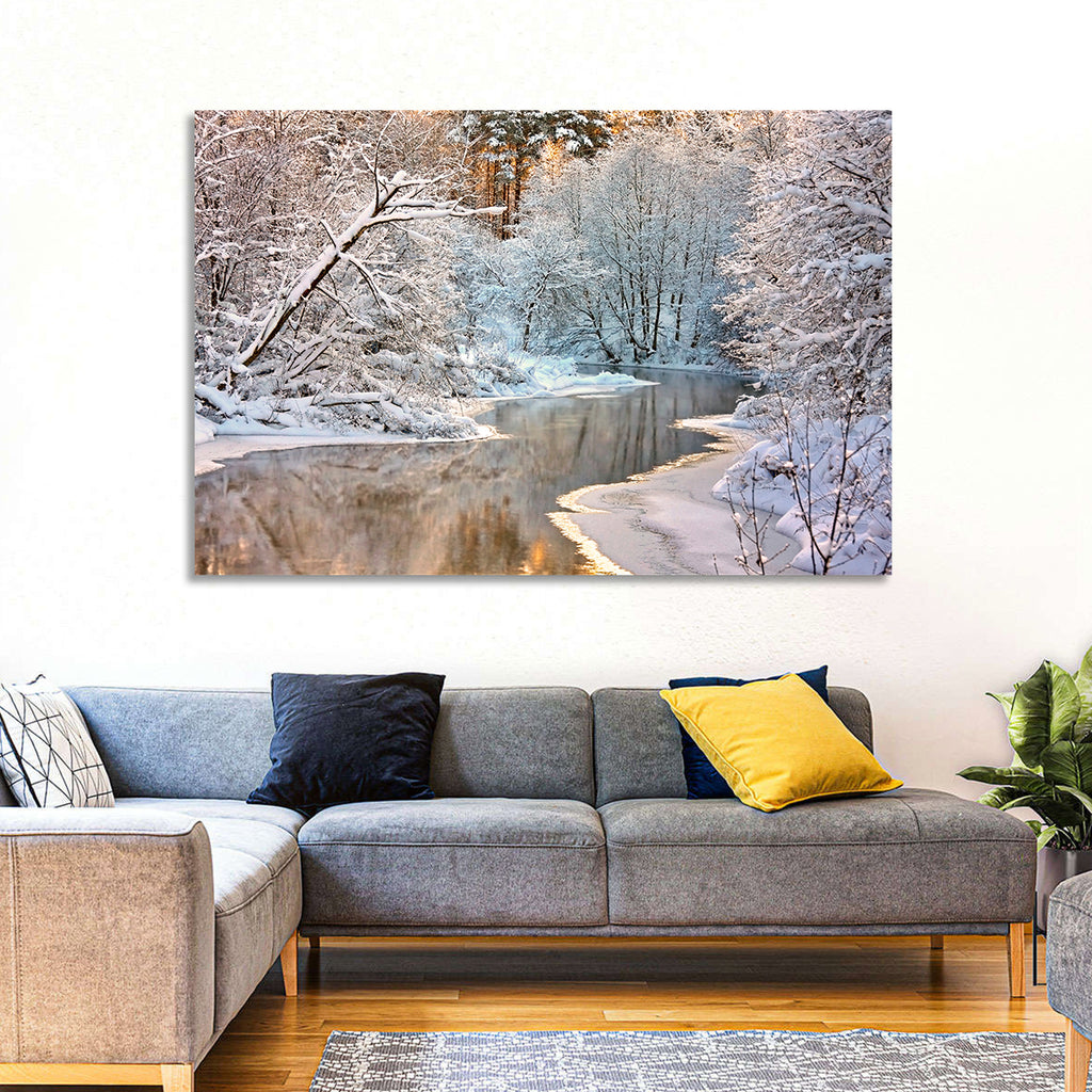 Snow-covered Stream at Golden Hour Wall Art