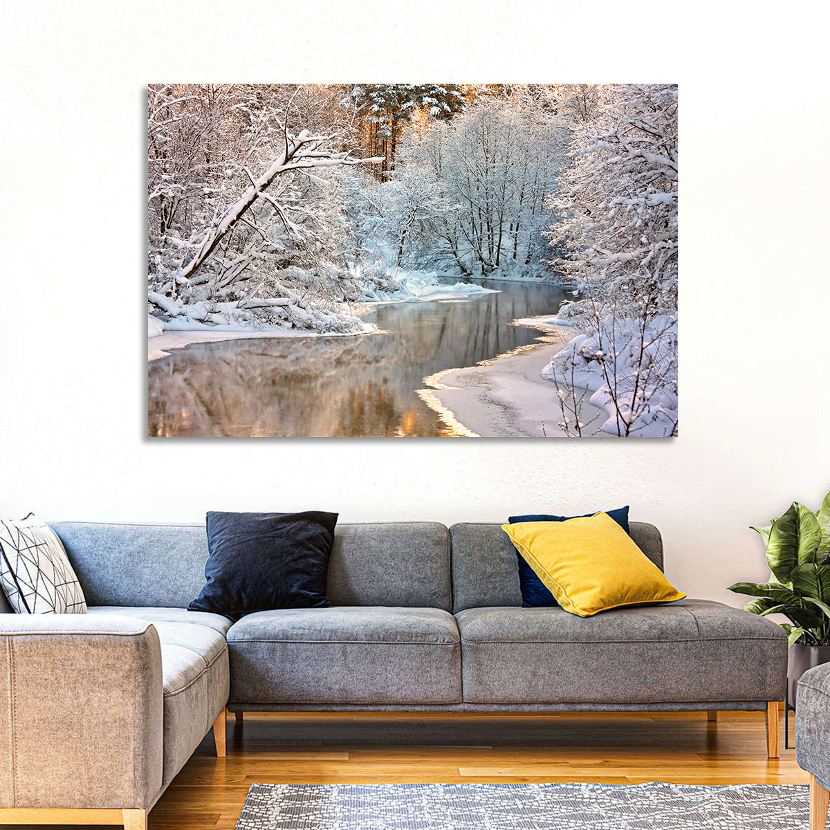 Snow-covered Stream at Golden Hour Wall Art