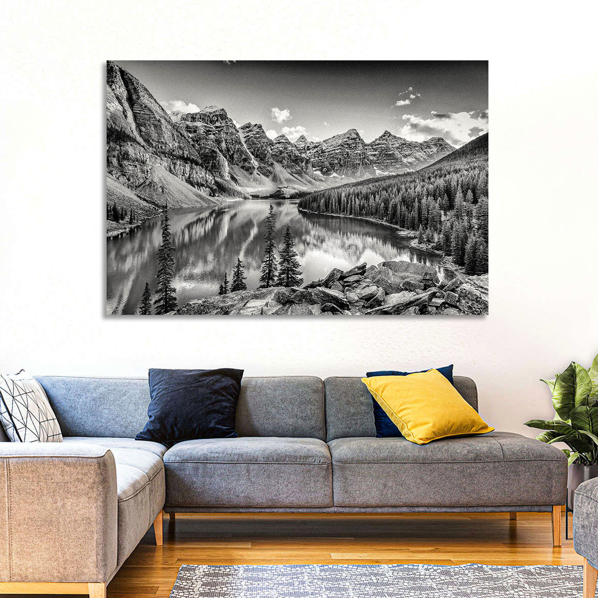 Moraine Lake Monochrome Mountain Landscape Wall Art in a room, landscape