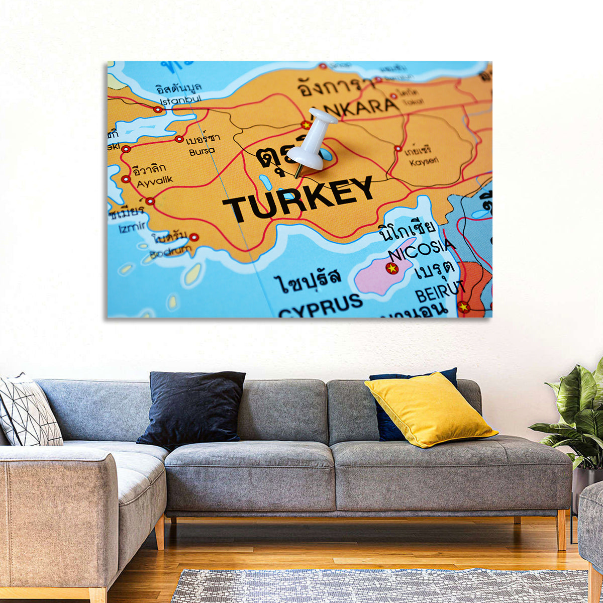 Turkey Map with Ankara Pin Wall Art in a room, landscape