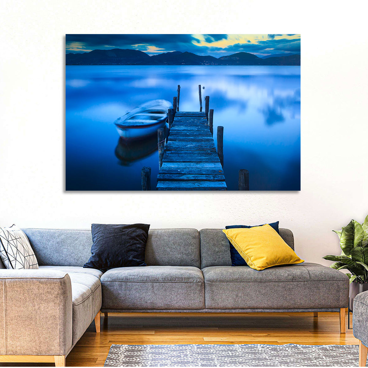 Boat and Wooden Pier Wall Art in a room, landscape