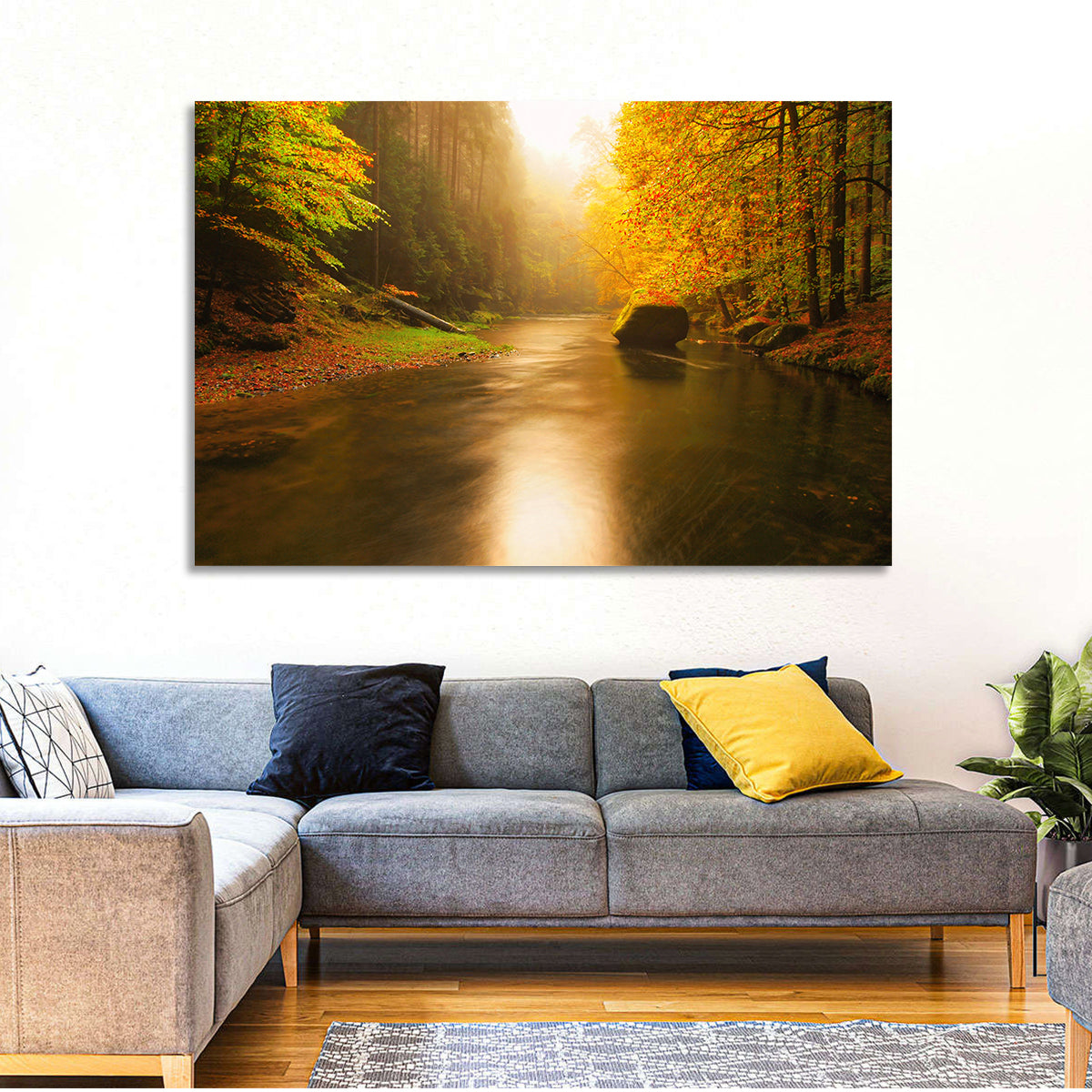 Misty Mountain River Wall Art in a room, landscape