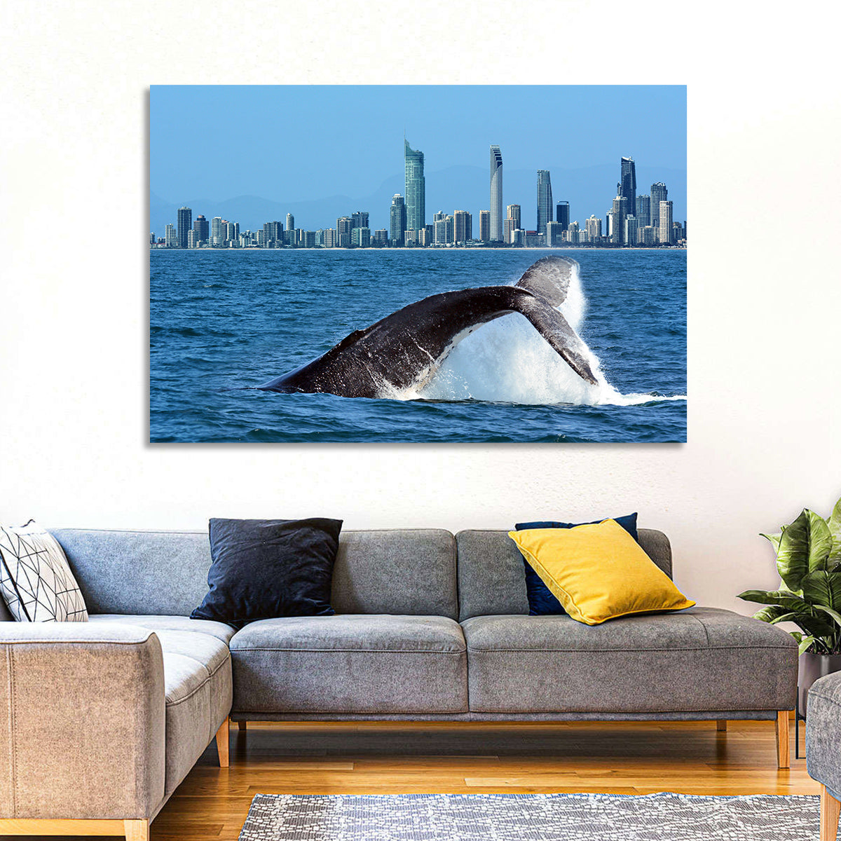 Gold Coast Whale and Skyline Wall Art in a room, landscape