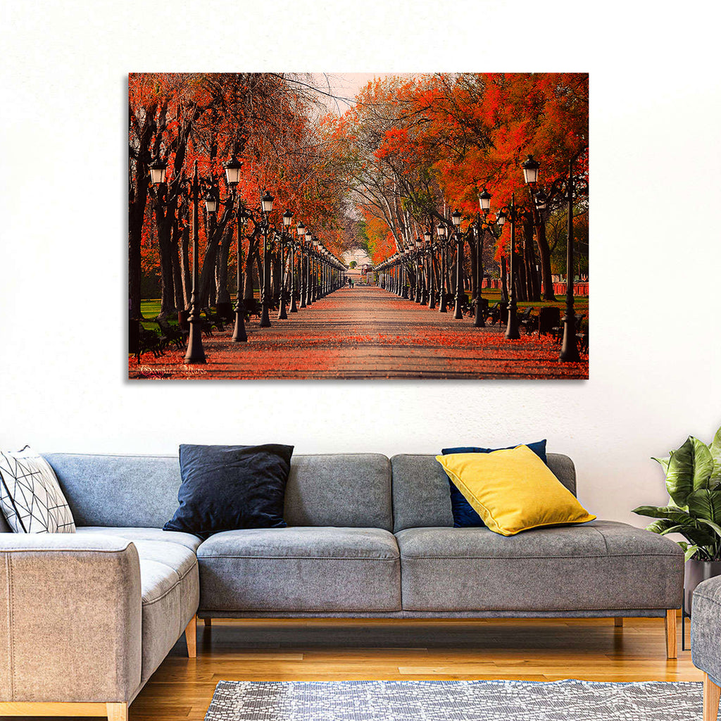 Autumn Park Path with Vintage Lampposts Wall Art