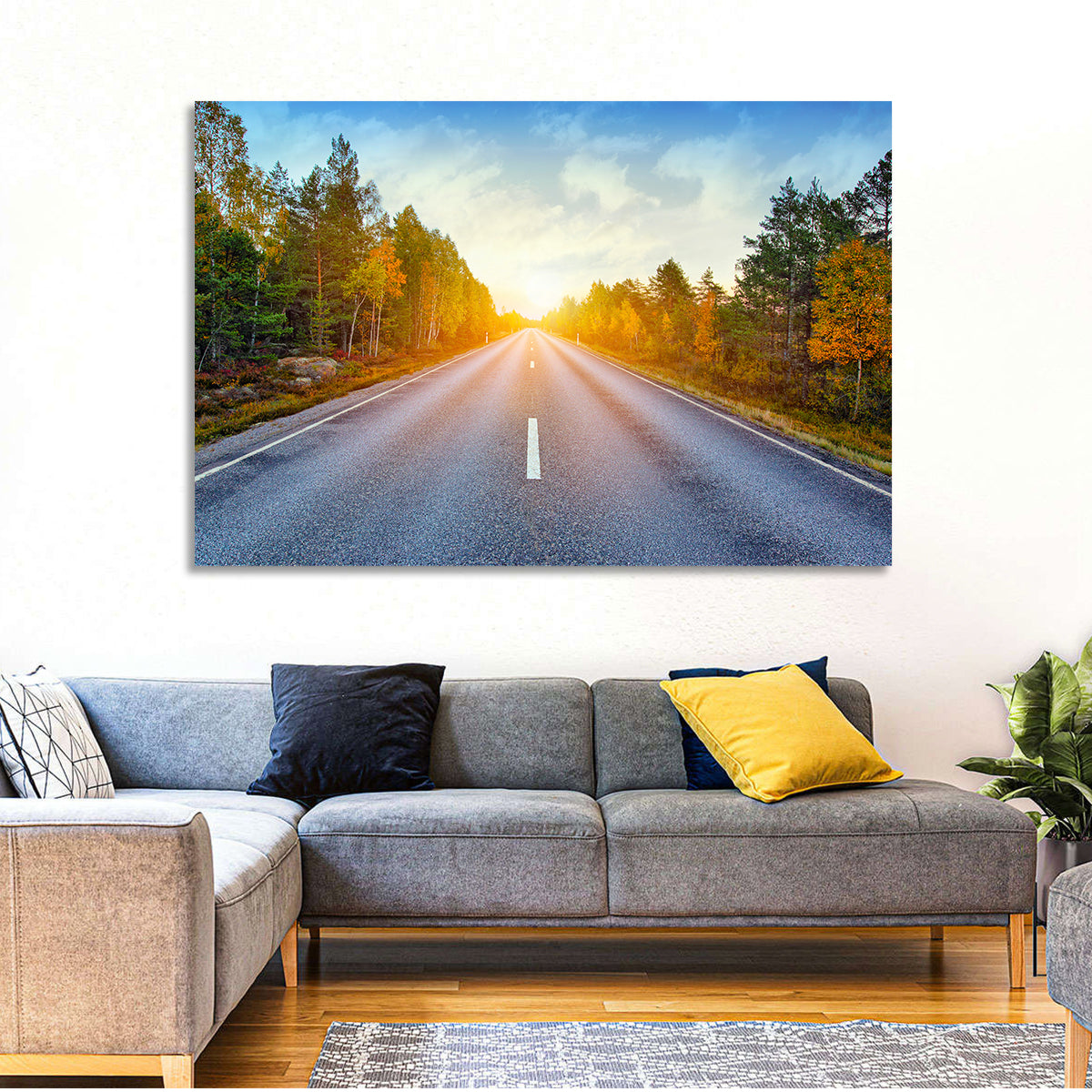 Sunlit Autumn Forest Road Wall Art in a room, landscape