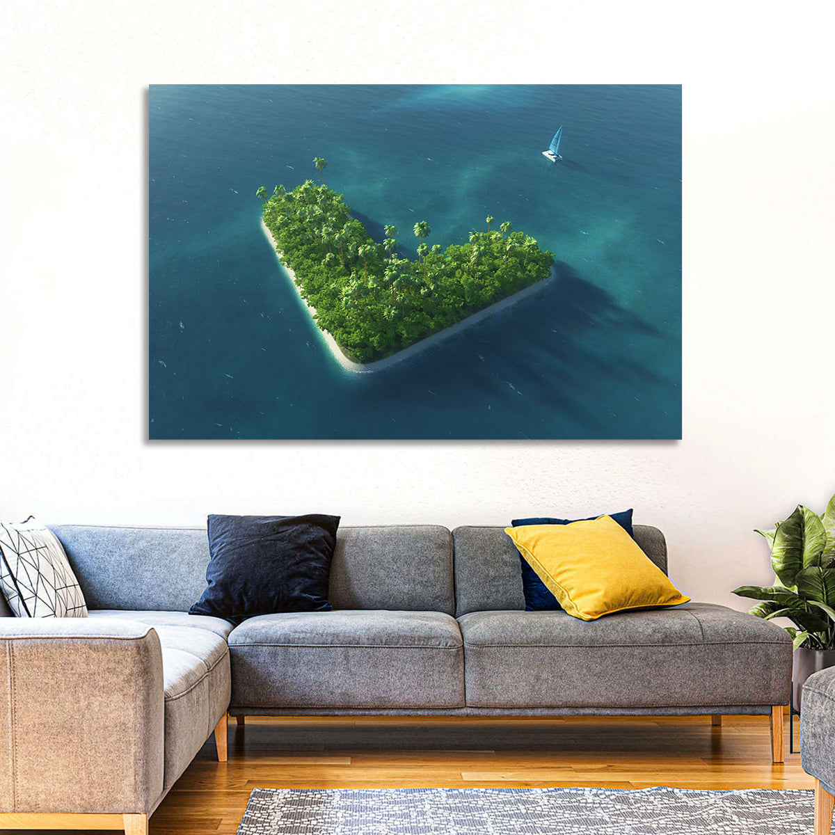 V-shaped Tropical Island with Distant Catamaran Wall Art in a room, landscape