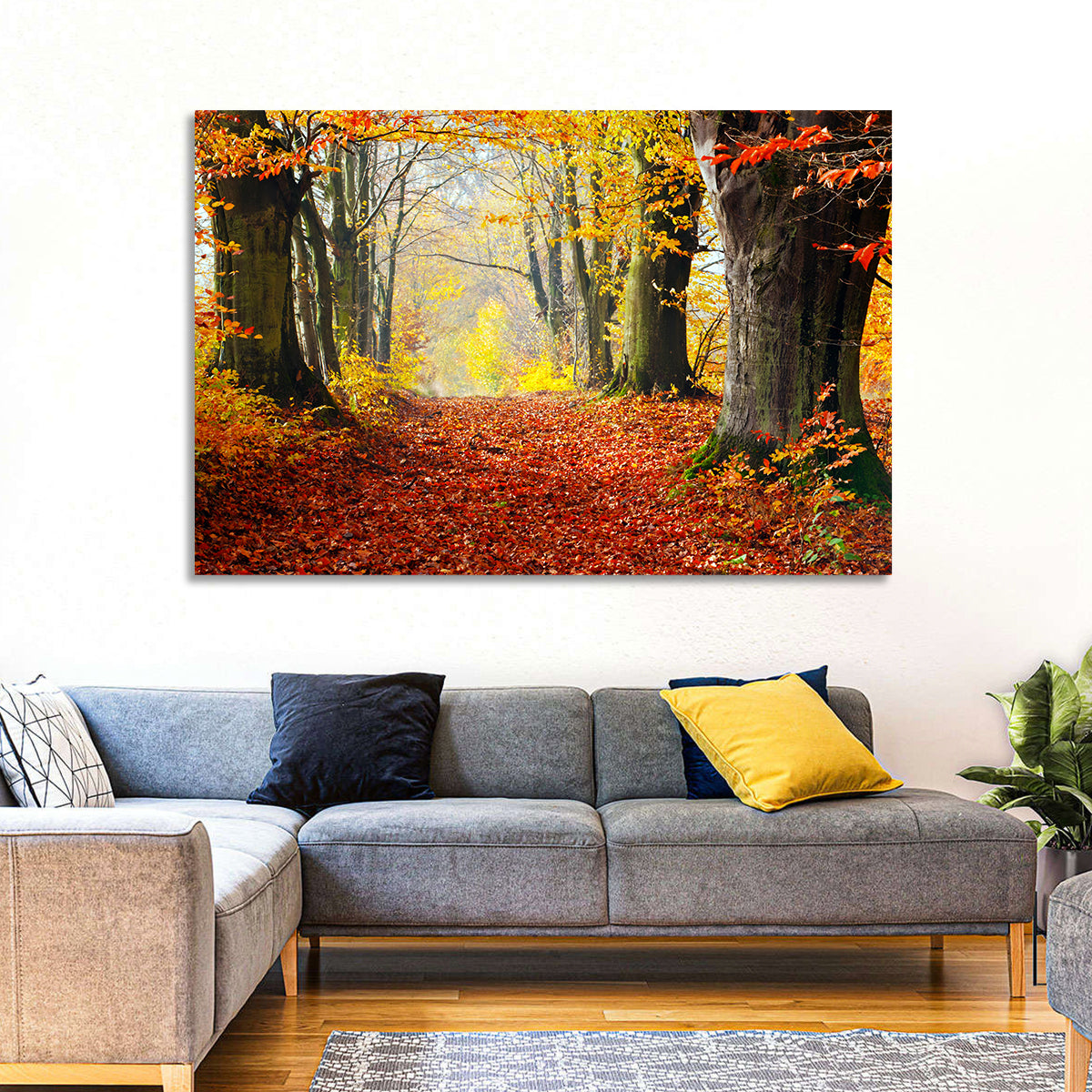 Misty Autumn Forest Path Wall Art in a room, landscape