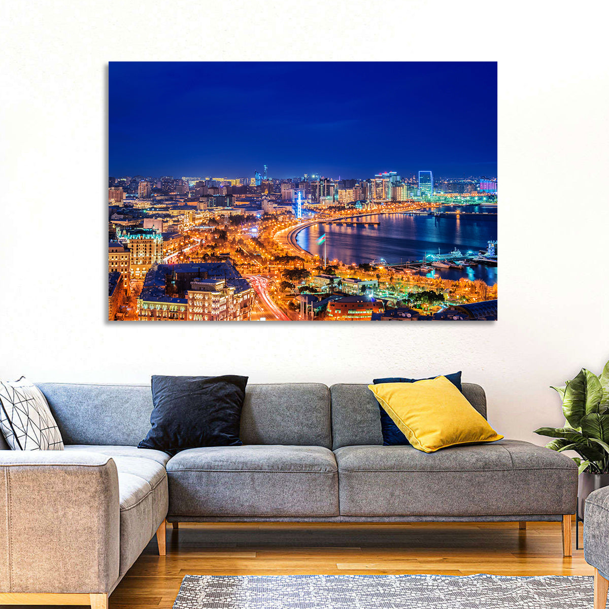 Baku Night Skyline Wall Art in a room, landscape