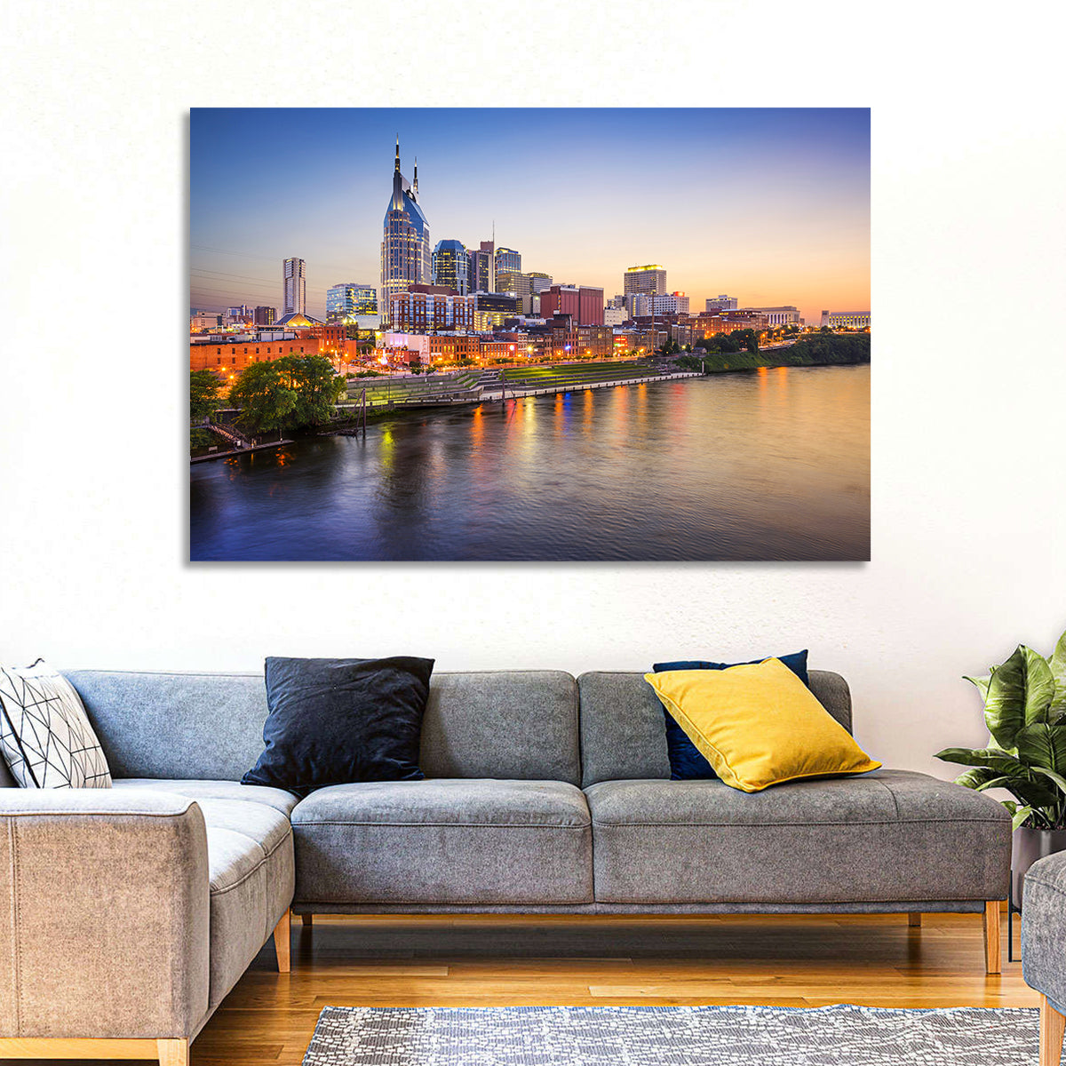 Nashville Skyline Over the Cumberland River Wall Art in a room, landscape