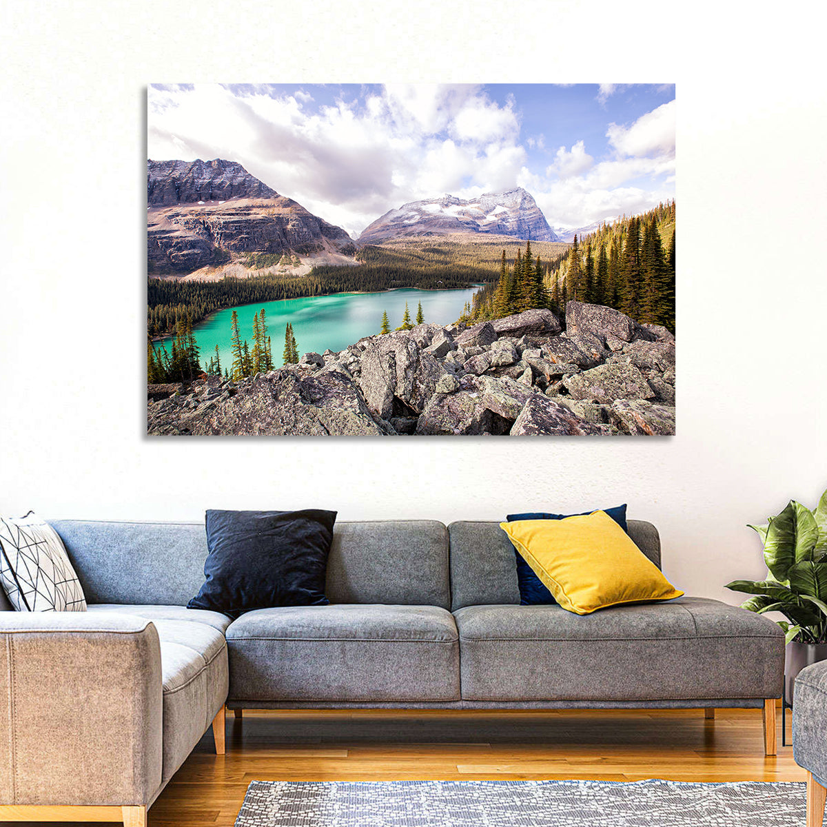 Lake Ohara Rocky Shore Wall Art in a room, landscape