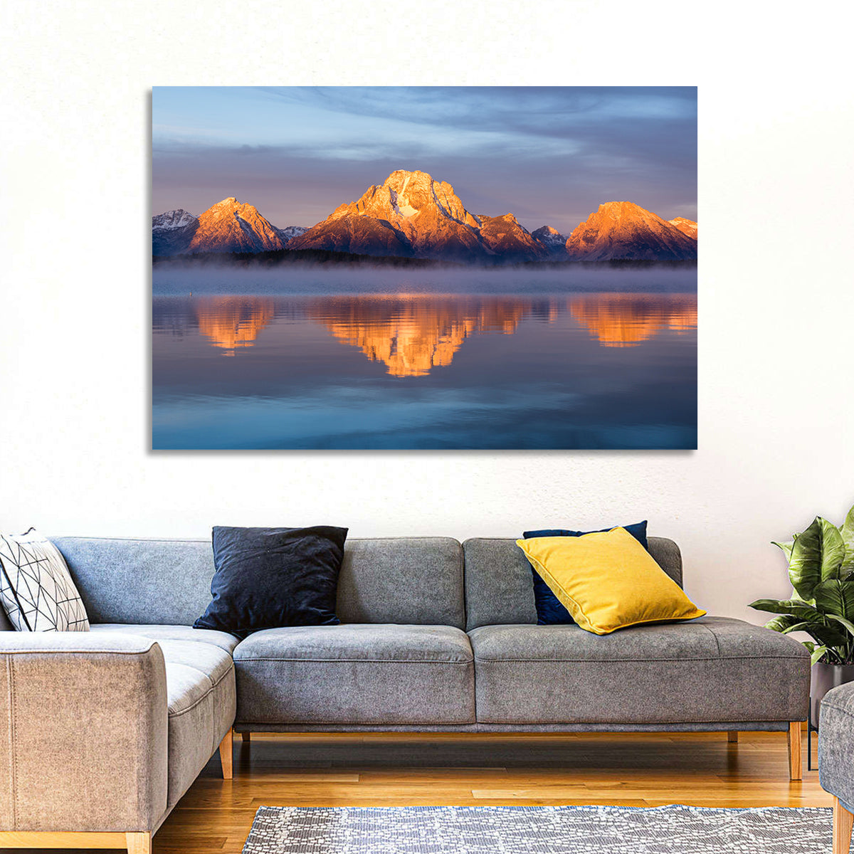 Mount Moran Sunrise Over Jackson Lake Wall Art in a room, landscape