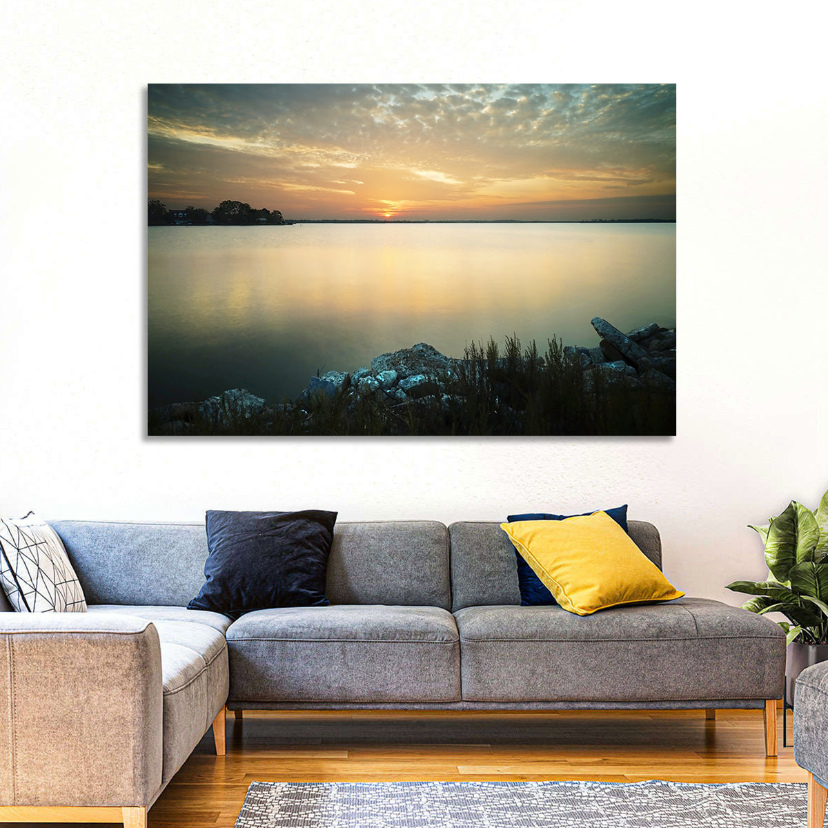 Lake Conroe Sunset Reflection Wall Art in a room, landscape