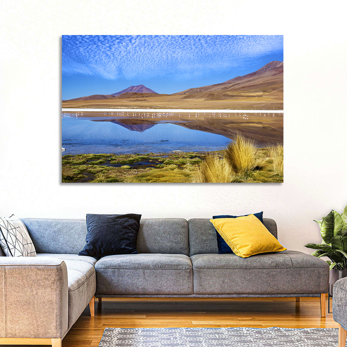 Red Lagoon Flamingo Reflection Wall Art in a room, landscape