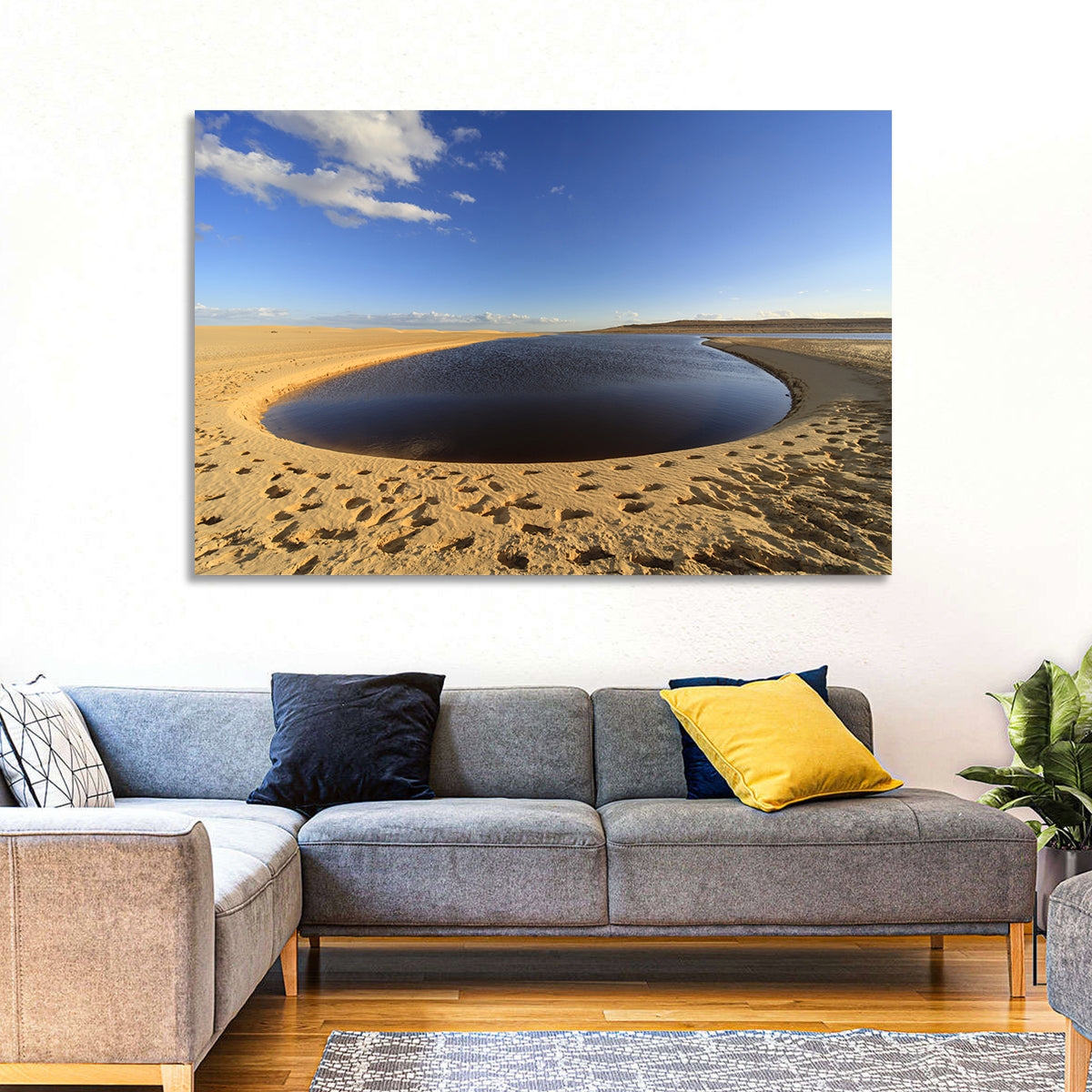 Fayoum Lake Footprints Wall Art in a room, landscape