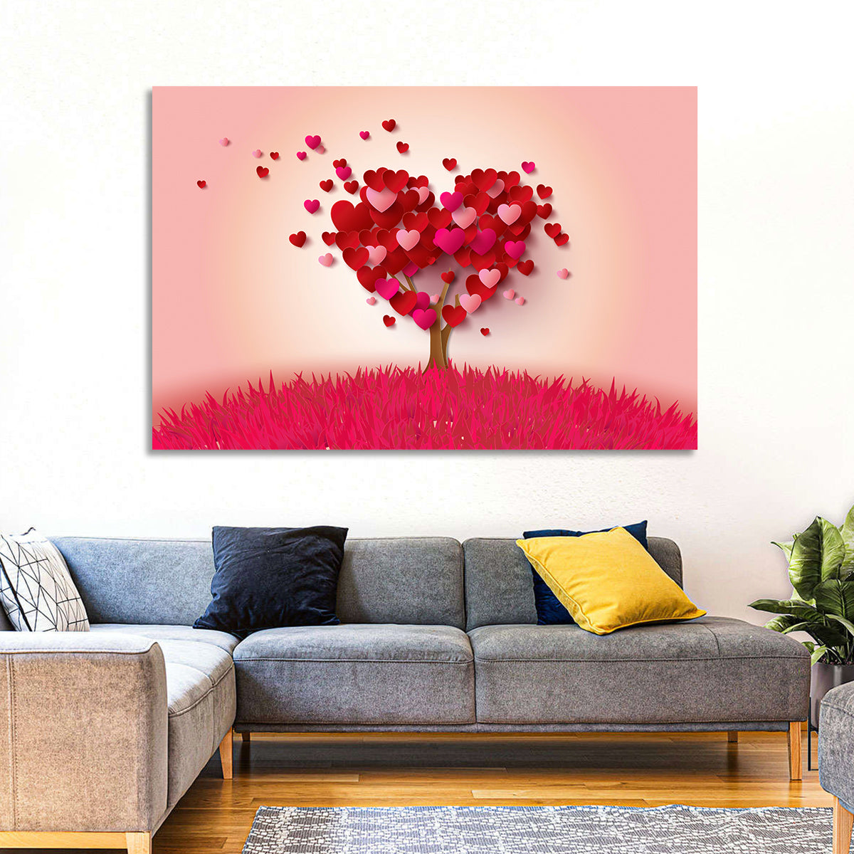 Whimsical Heart Tree Illustration Wall Art in a room, landscape