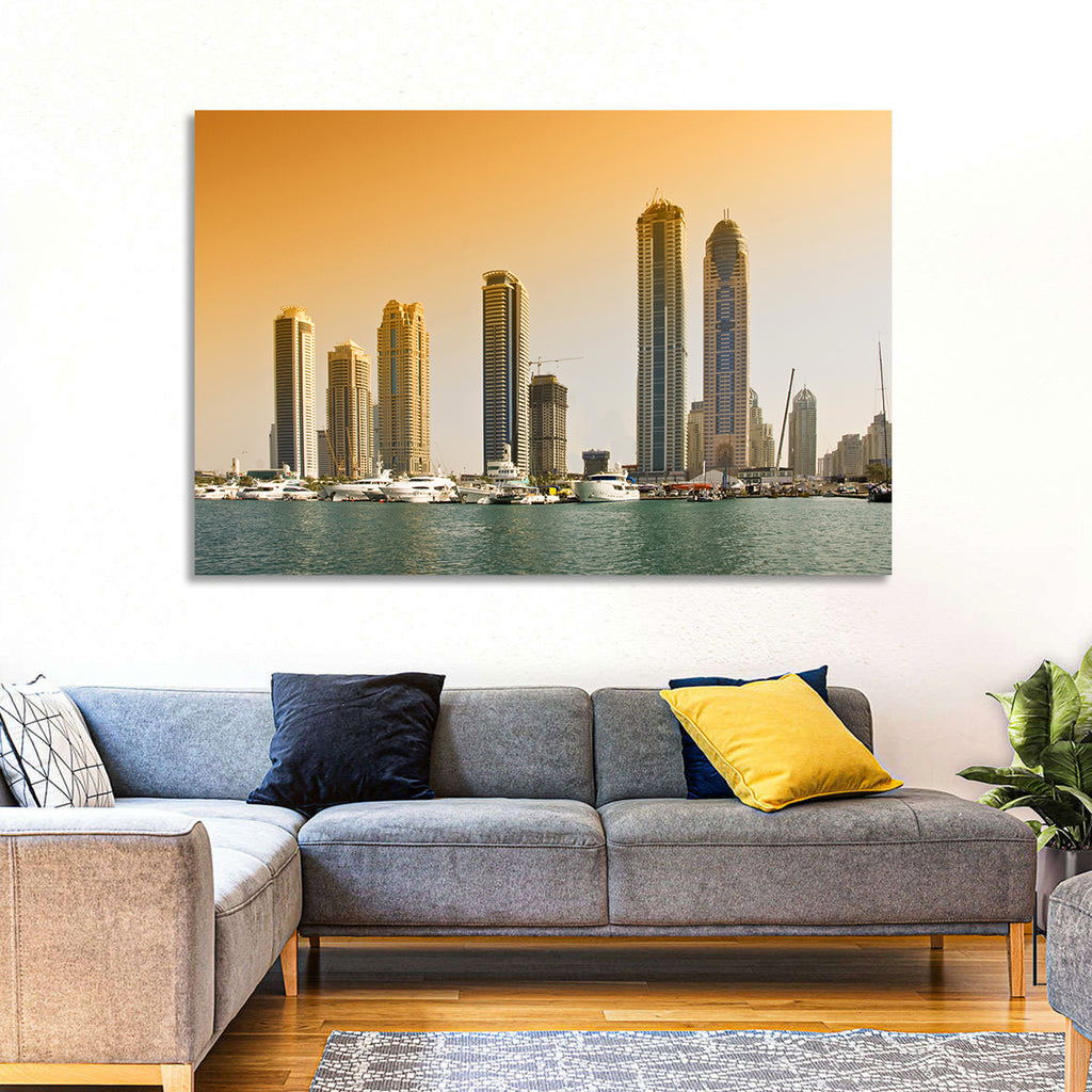 Dubai Marina Sunset Skyline with Yachts Wall Art