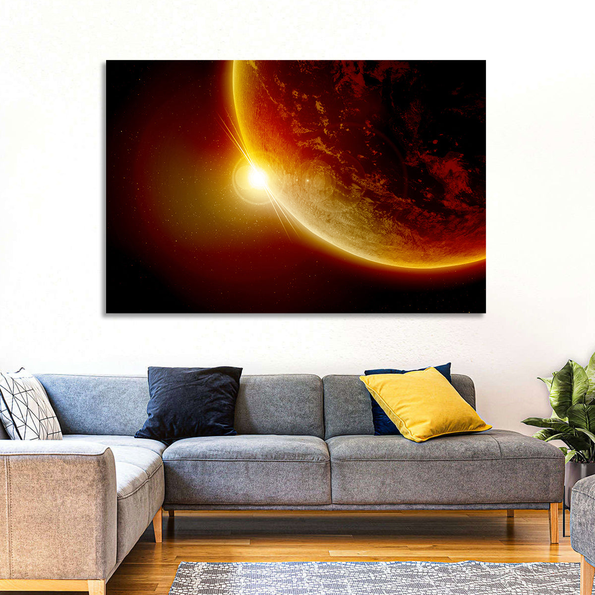 Red Planet Sunrise Limb Flare Wall Art in a room, landscape