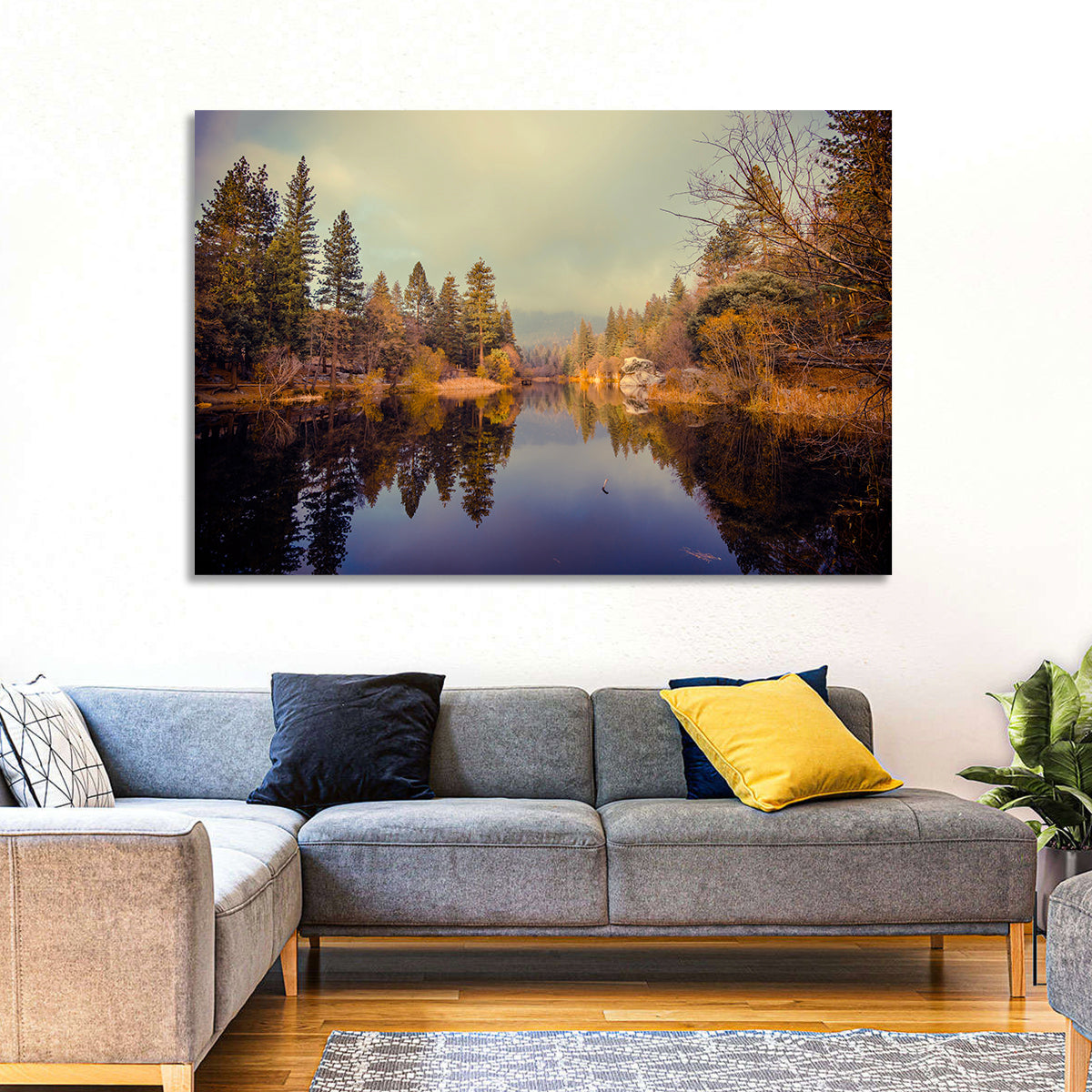 Misty Lake Fulmor Reflection Wall Art in a room, landscape