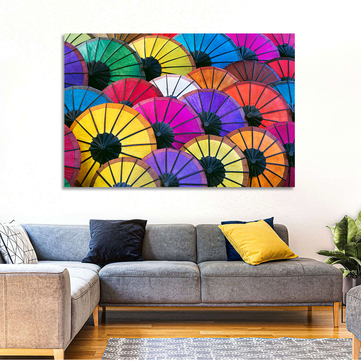 Vibrant Market Parasols Wall Art in a room, landscape