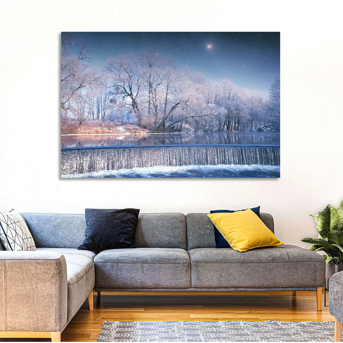 Starlit Winter Waterfall Wall Art in a room, landscape