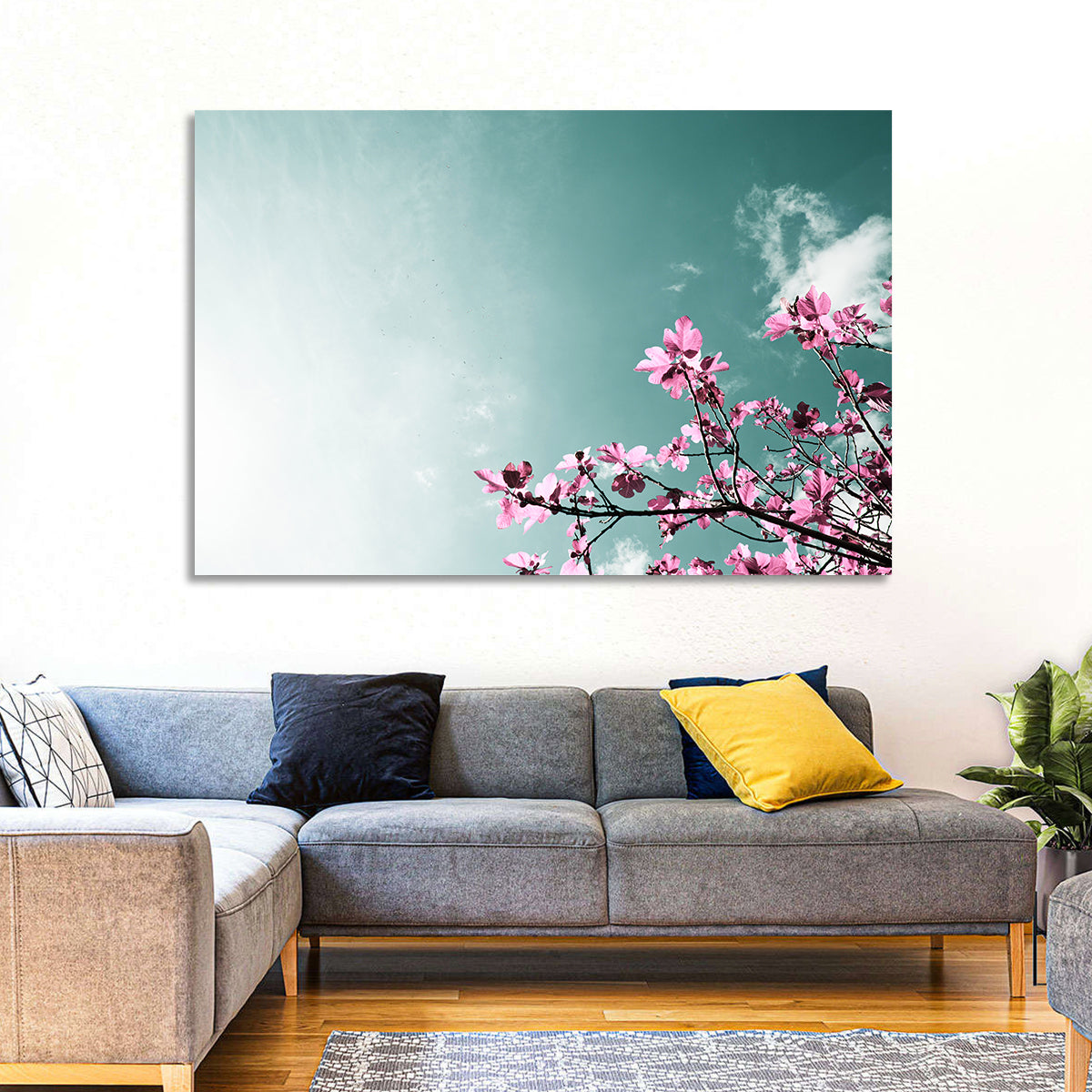 Pink Fig Tree Branches Wall Art in a room, landscape