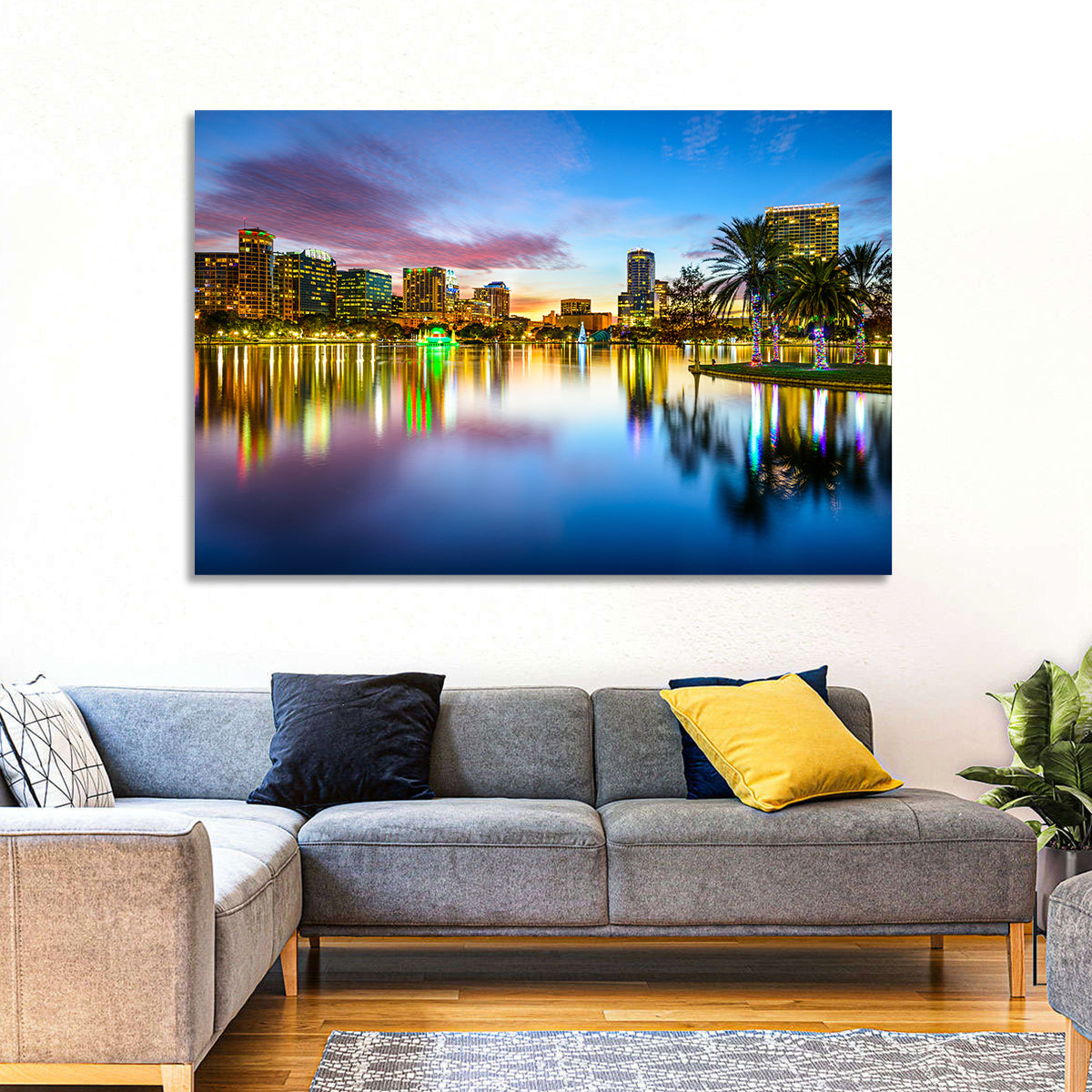 Orlando Lake Eola Skyline Wall Art in a room, landscape
