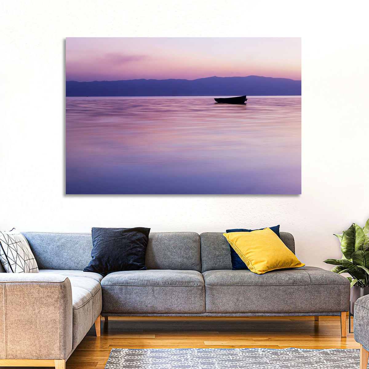 Lavender Lake Ohrid Sunset Wall Art in a room, landscape