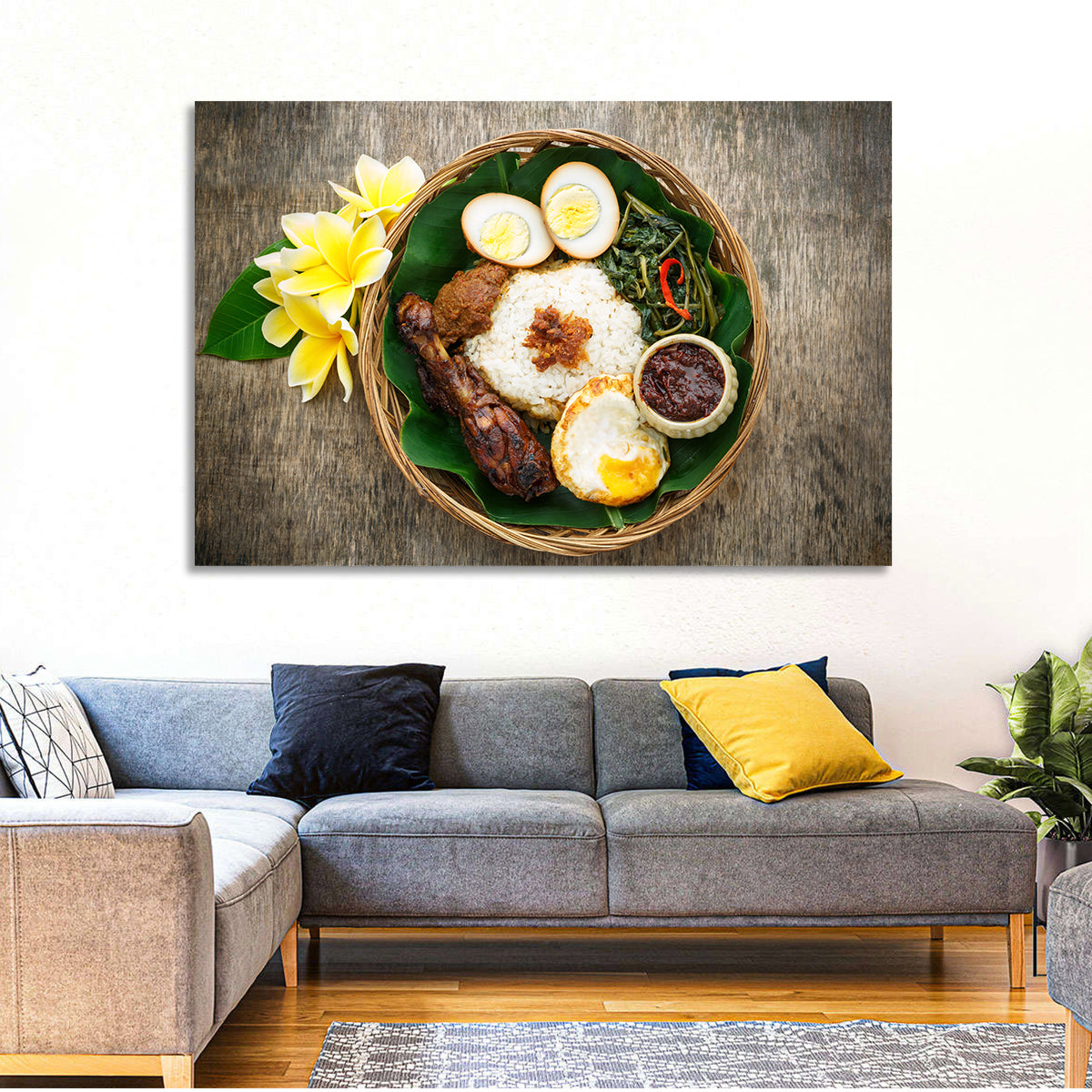 Nasi Campur in Woven Basket Wall Art in a room, landscape