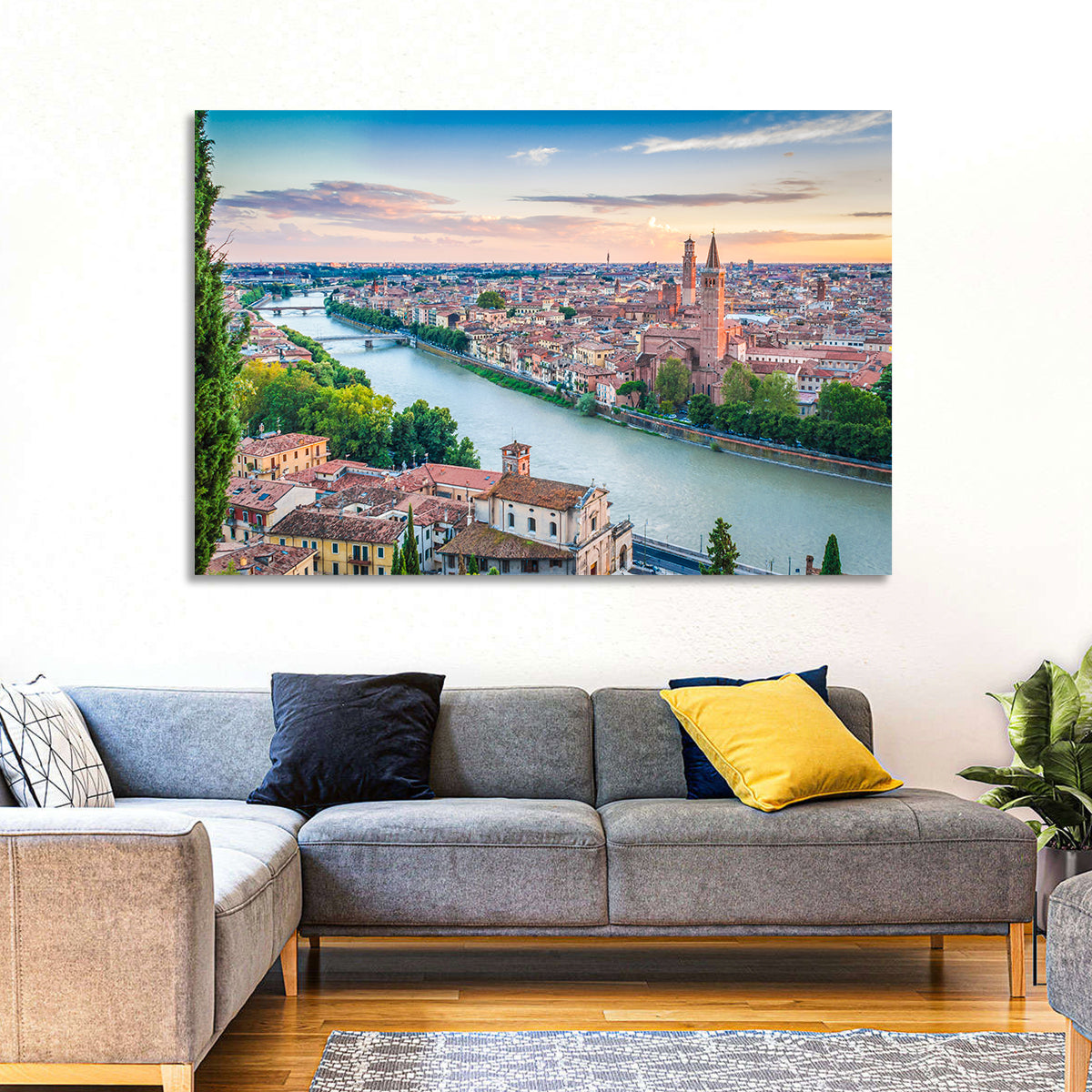 Verona Riverbend at Golden Hour Wall Art in a room, landscape
