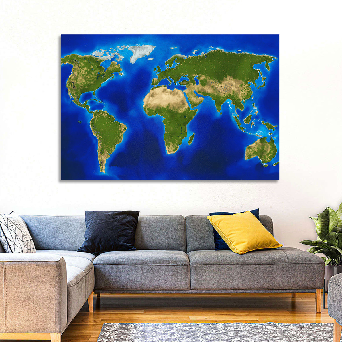 Satellite-style Blue World Map Wall Art in a room, landscape