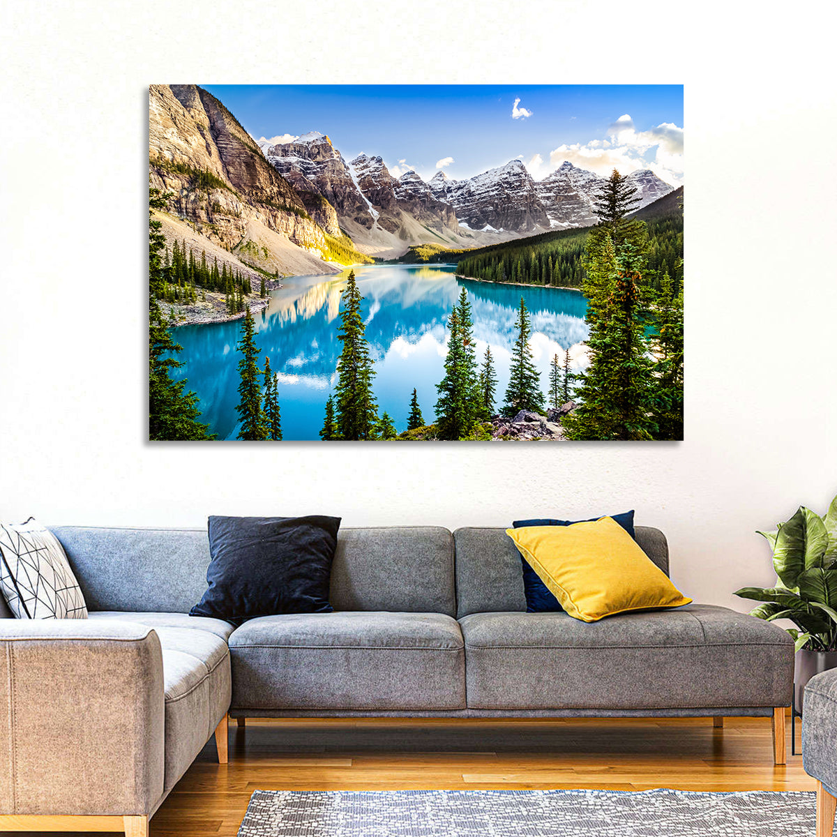 Moraine Lake Reflections Wall Art in a room, landscape