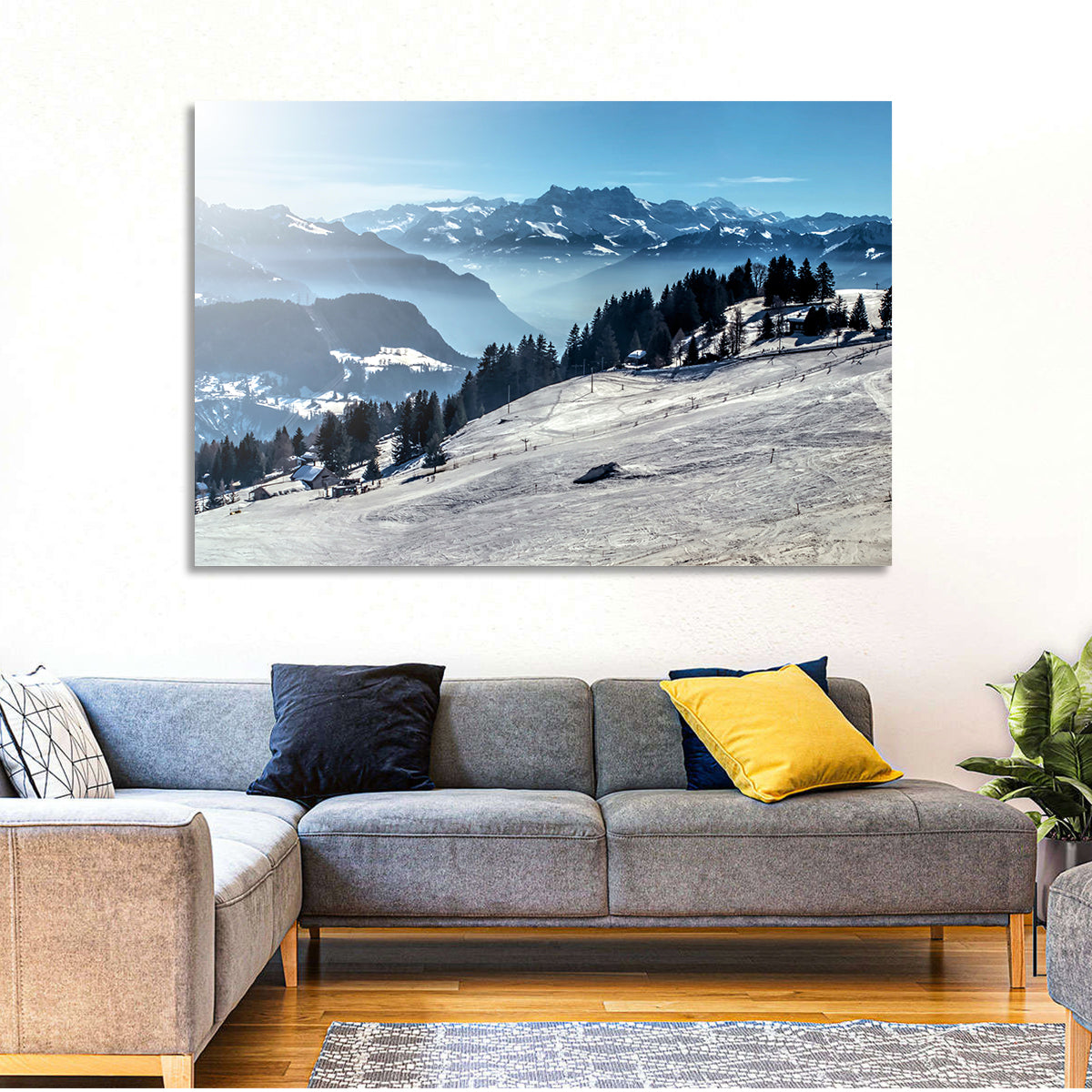 Sunlit Alpine Ski Slope Wall Art in a room, landscape