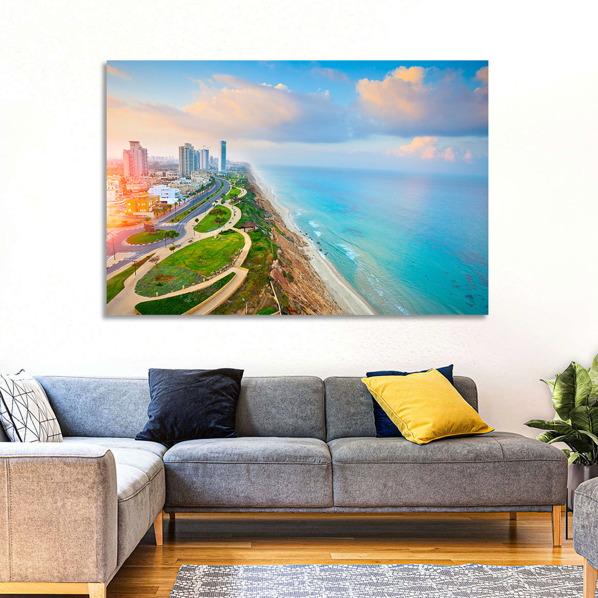 Netanya Coastline at Golden Hour Wall Art in a room, landscape