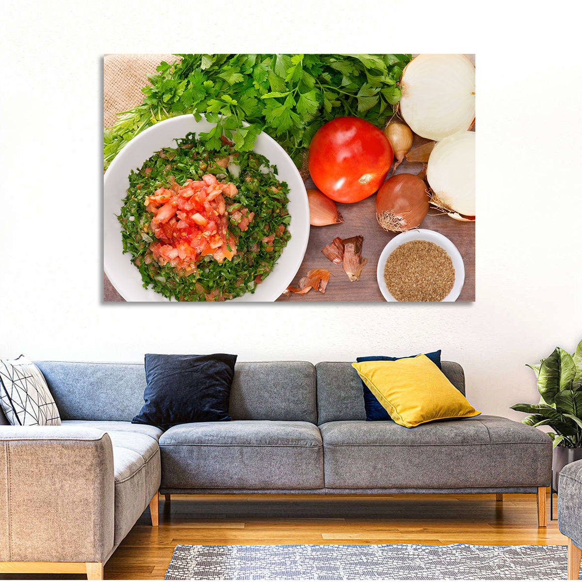 Top-down Tabbouleh Salad Wall Art in a room, landscape
