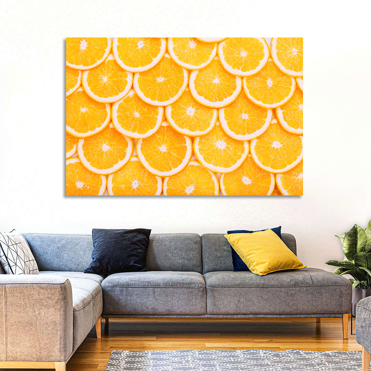 Orange Slice Grid Pattern Wall Art in a room, landscape