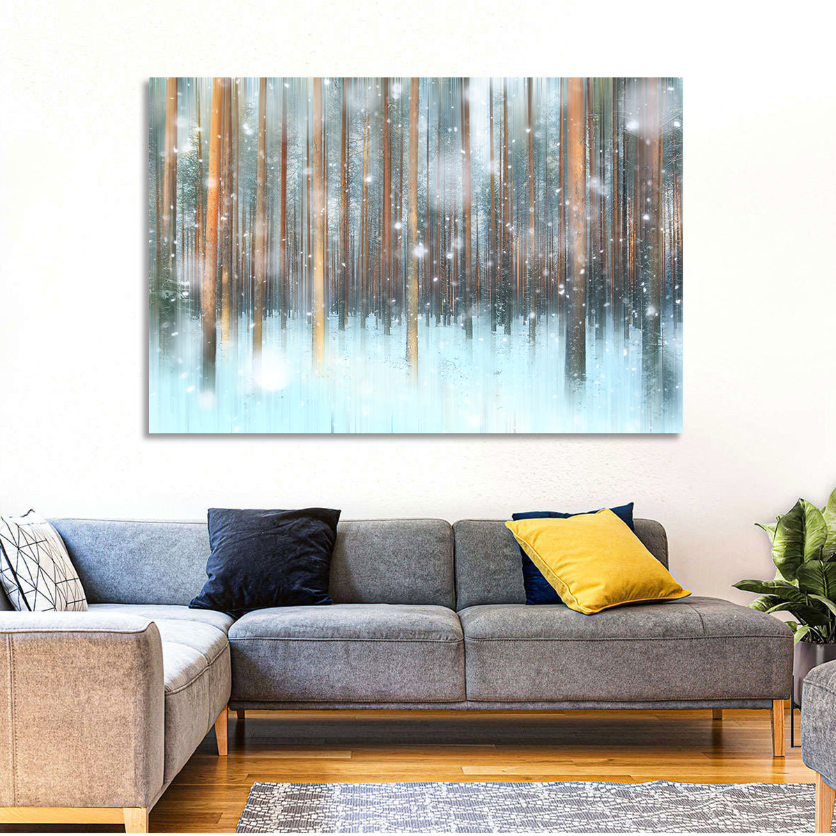 Ethereal Snowy Pine Forest Wall Art in a room, landscape
