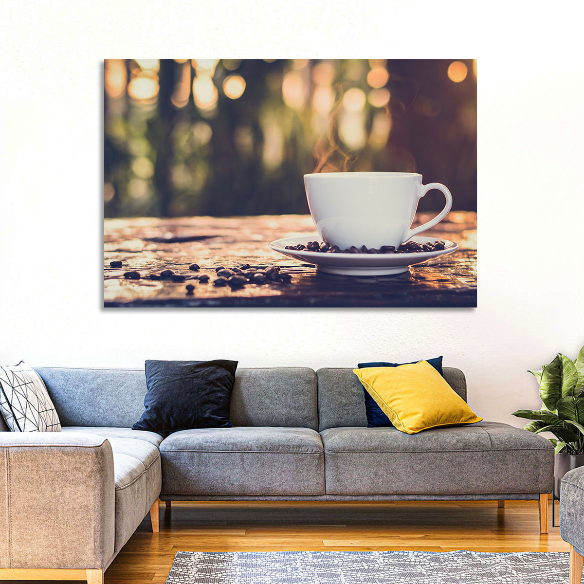 Steaming White Coffee Cup Wall Art in a room, landscape