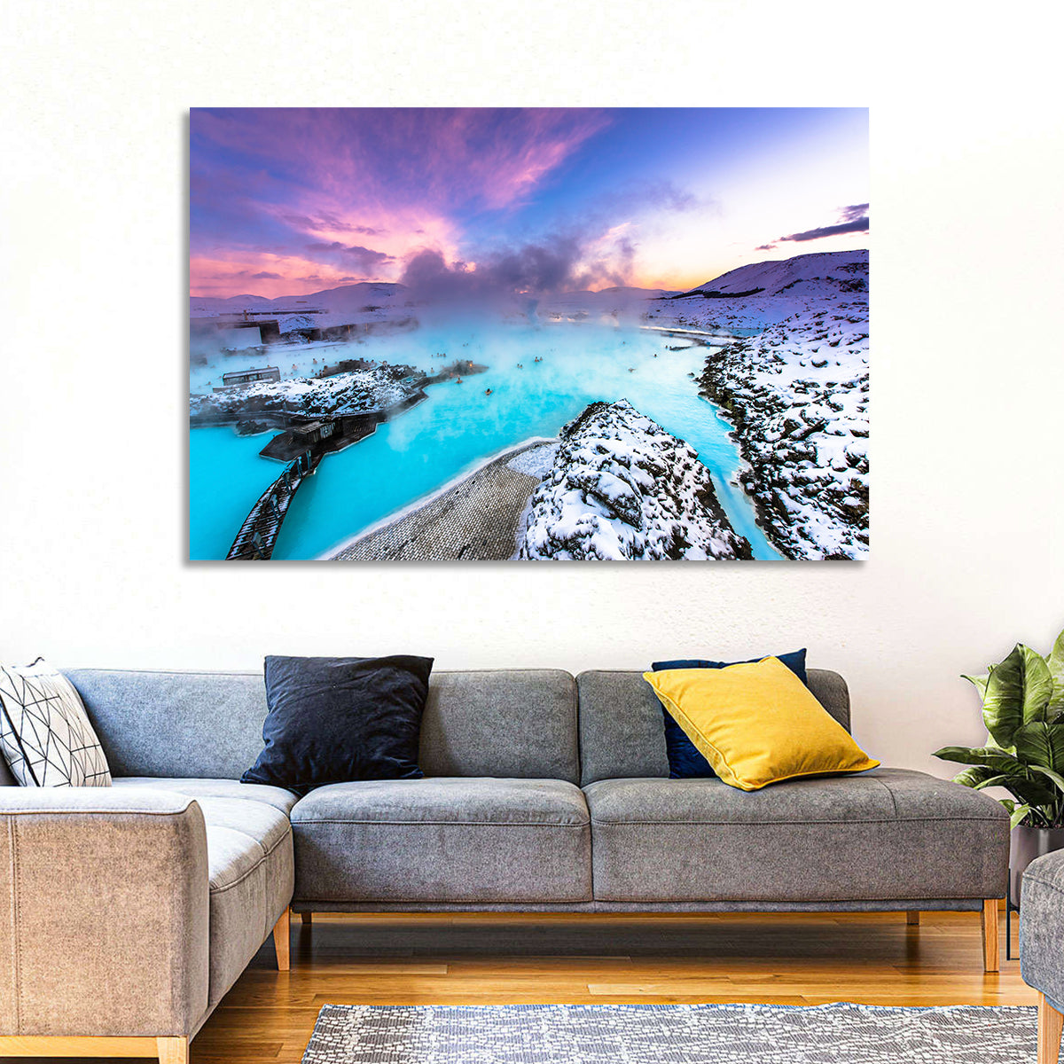 Blue Lagoon Grindavík Sunrise Wall Art in a room, landscape