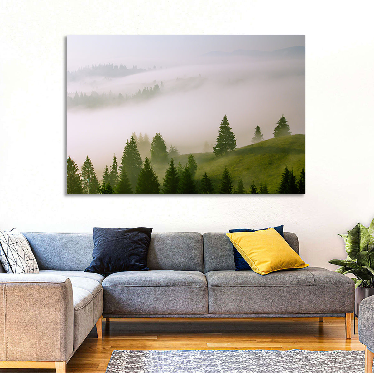 Summer Mist Over Green Hills Wall Art in a room, landscape