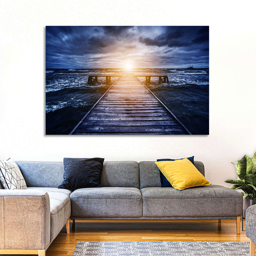 Sunlit Wooden Jetty at Dusk Wall Art