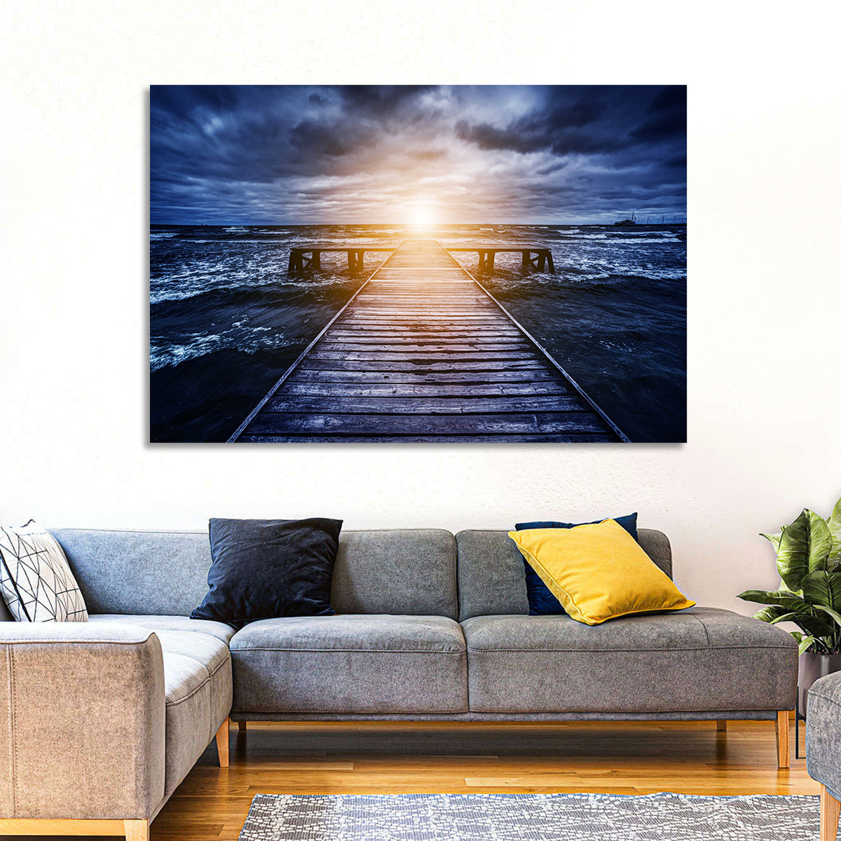 Sunlit Wooden Jetty at Dusk Wall Art