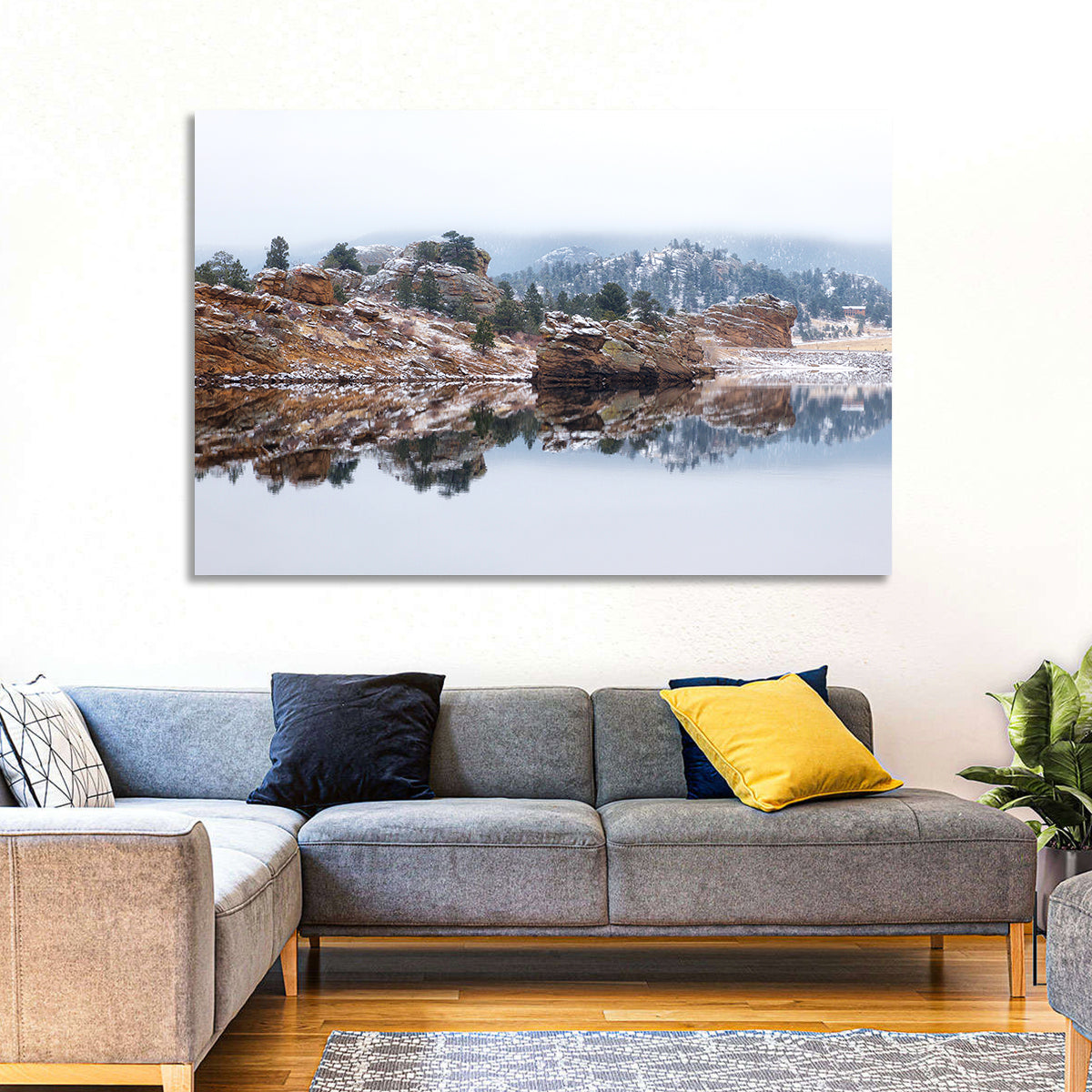 Marys Lake Foggy Reflection Wall Art in a room, landscape