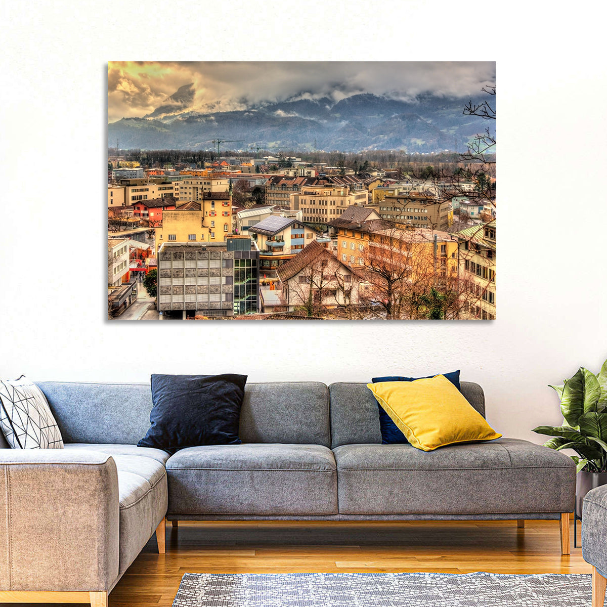 Vaduz Autumn Cityscape Wall Art in a room, landscape