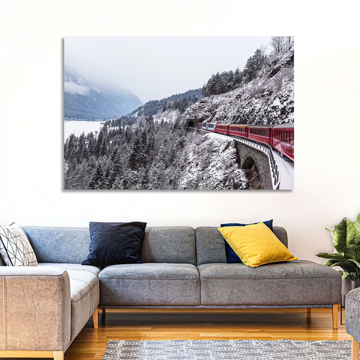 Red Train at Landwasser Viaduct Wall Art in a room, landscape