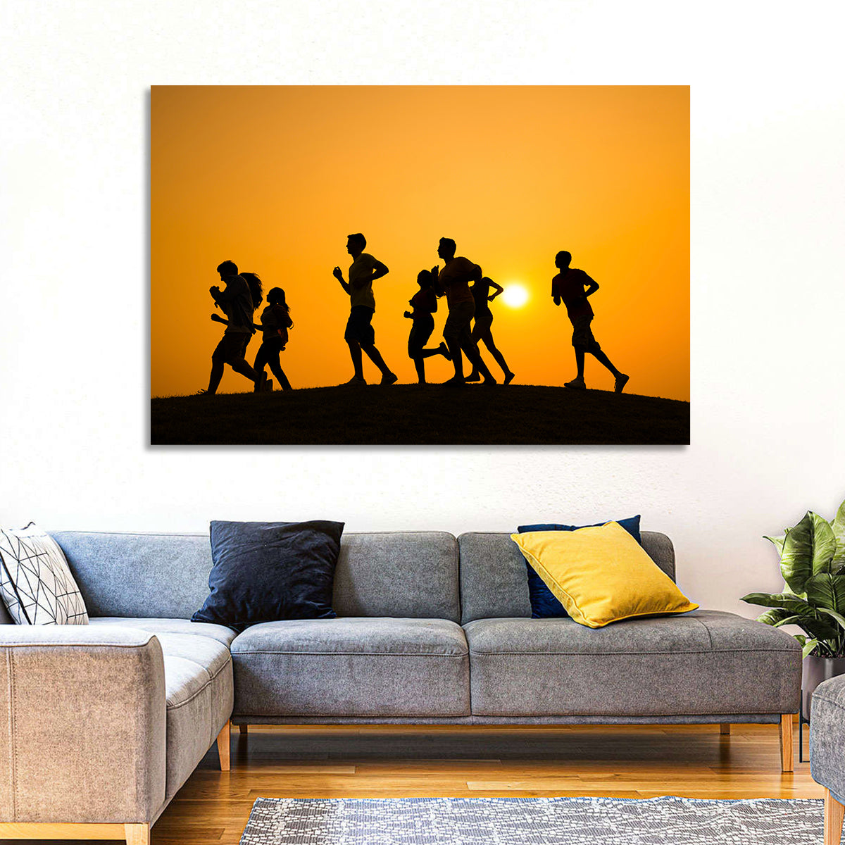 Six Runners Silhouette at Golden Sunset Wall Art