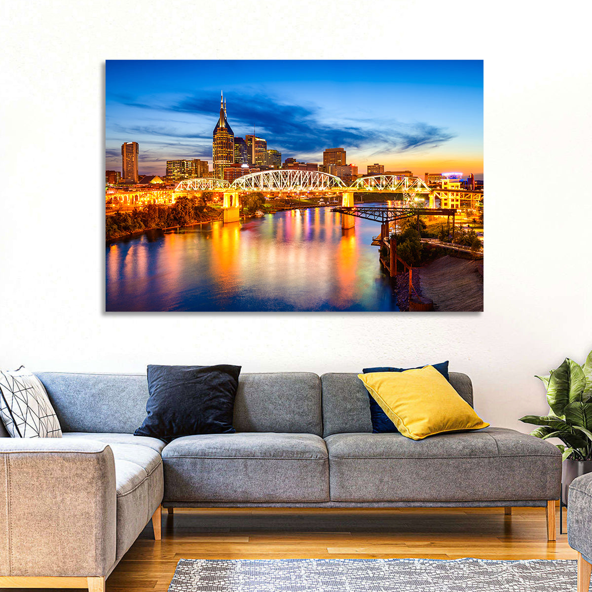 Nashville Skyline at Twilight Bridge Reflections Wall Art